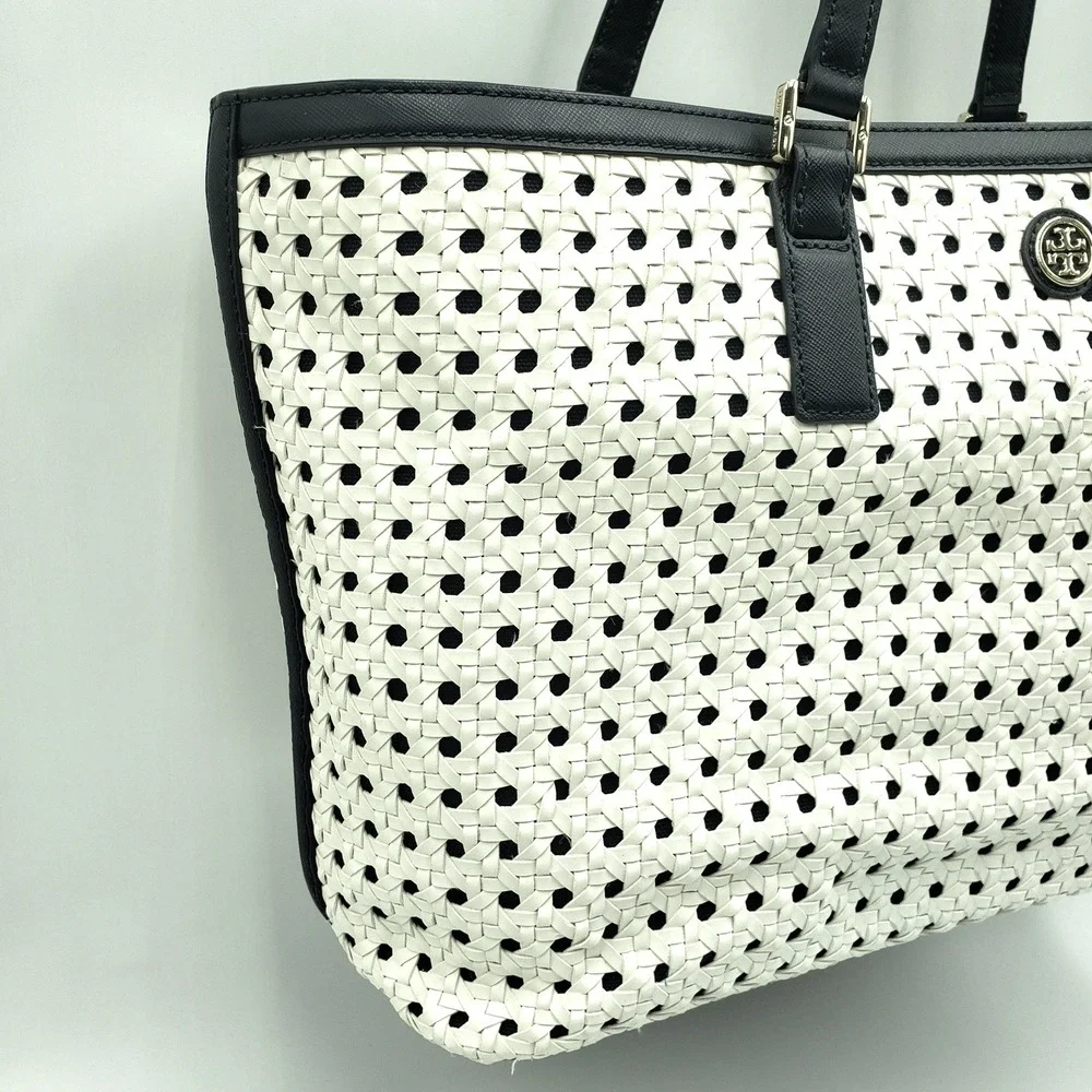 Tory Burch Robinson Basket Weave Tote Bag Woven Leather Cream Navy Blue Purse
